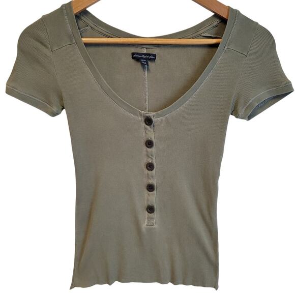 American Eagle Olive Green Ribbed Henley Top Y2K Raw Hem Grunge Utility Size XS‎ - Picture 1 of 5